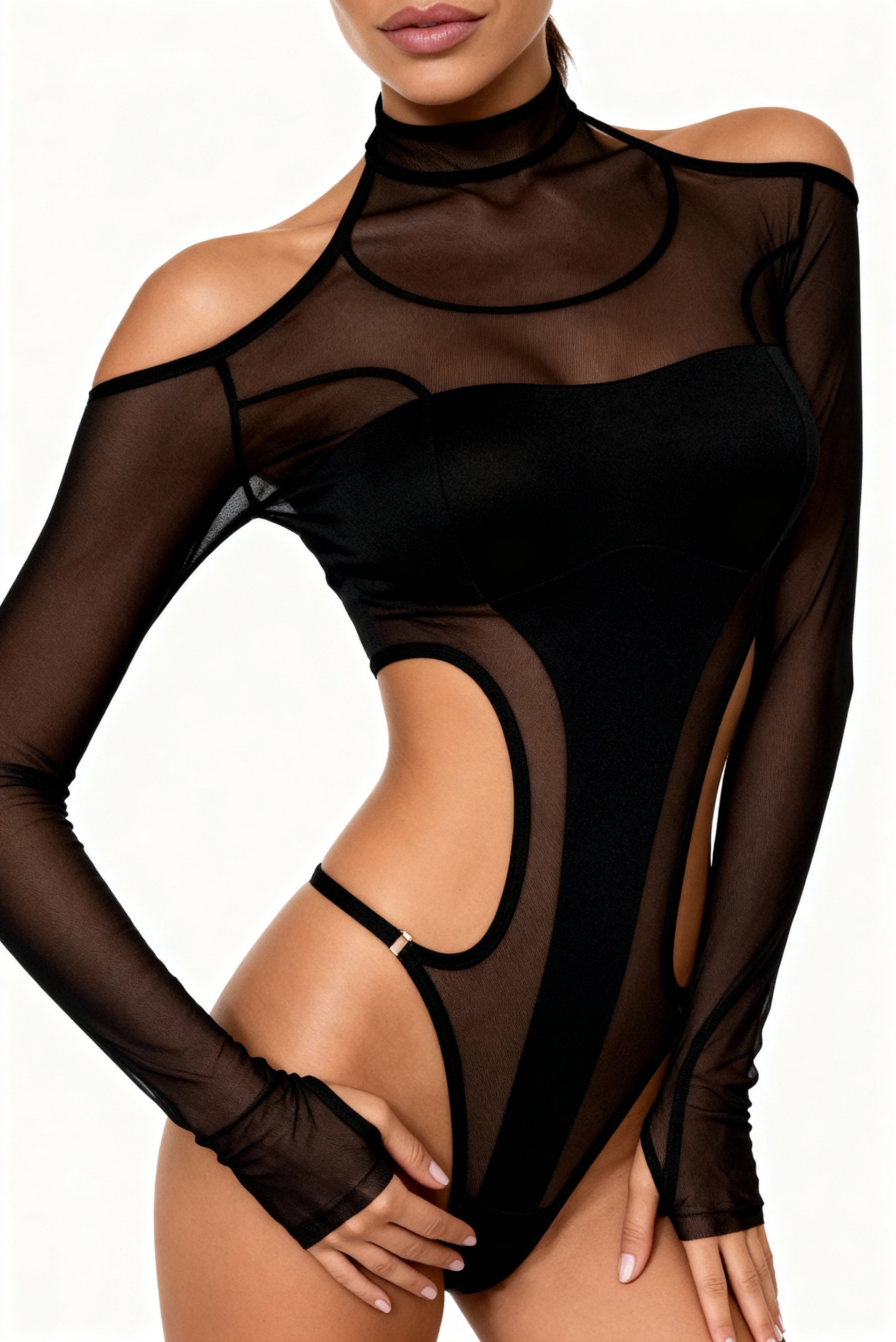 Body Damen mit langen Ärmeln und Strumpfhosen – ONYX Schwarz 