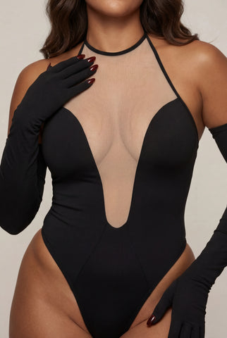 Body für Damen mit Handschuhen – ILLUSION Schwarz 