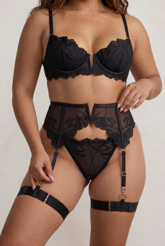 Dessous-Set für Damen, vierteilig mit Oberschenkelbändern und Handschuhen - FLAME Schwarz 