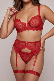 Ensemble lingerie pour femme quatre pièces avec tours de cuisse et gants - FLAME Rouge