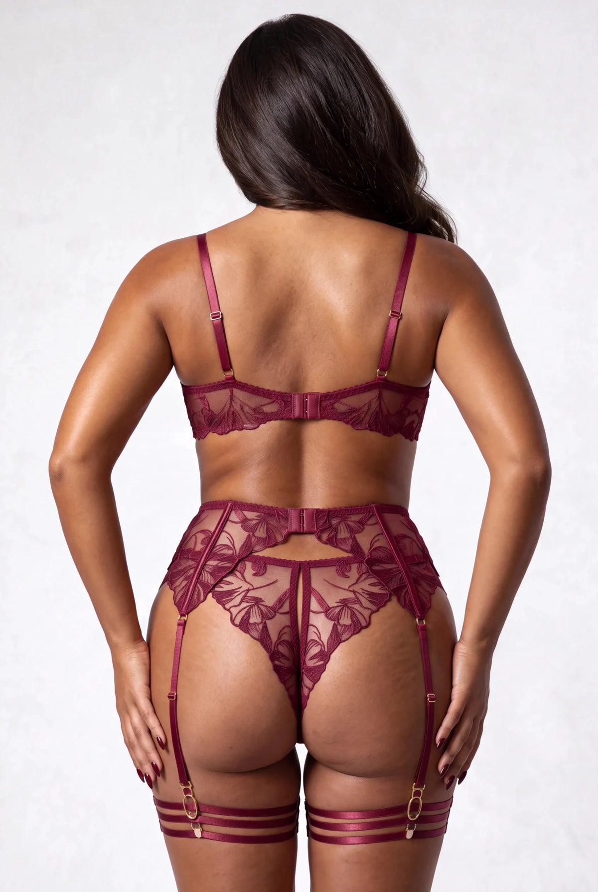 Ensemble lingerie quatre pièces avec tours de cuisse et gants - FLAME Bordowy