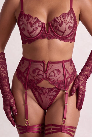 Ensemble lingerie quatre pièces avec tours de cuisse et gants - FLAME Bordowy